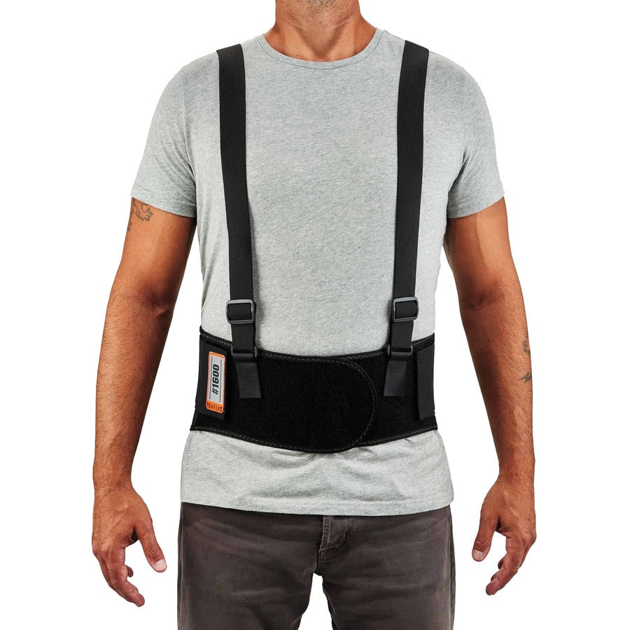 Ergodyne ProFlex 1600 Standard Back Support Brace - 25" Waist Size - Black - Polypropylene, Elastic, Rubber - 1 Each