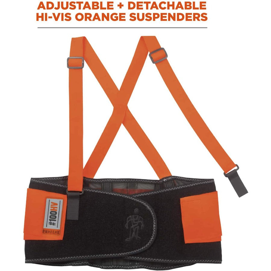 Ergodyne ProFlex 100HV Economy Hi-Vis Back Brace - 25" to 30" Adjustable Height - 25" to 30" Waist Size - Orange - Rubber, Polypropylene, Spandex - 1 Each