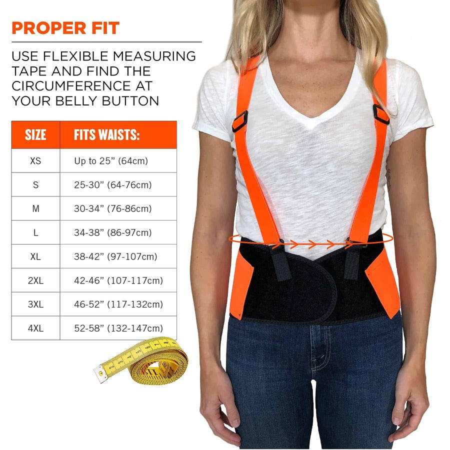 Ergodyne ProFlex 100HV Economy Hi-Vis Back Brace - 34" to 38" Waist Size - Orange - Rubber, Spandex, Polypropylene - 1 Each