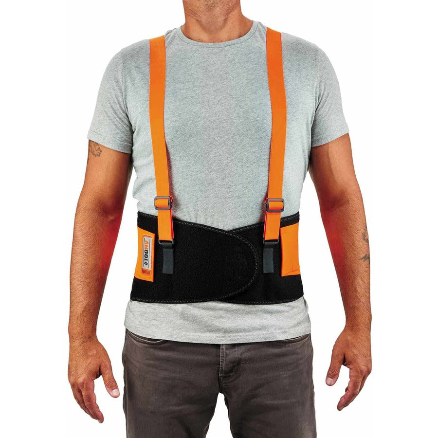 Ergodyne ProFlex 100HV Economy Hi-Vis Back Brace - 34" to 38" Waist Size - Orange - Rubber, Spandex, Polypropylene - 1 Each
