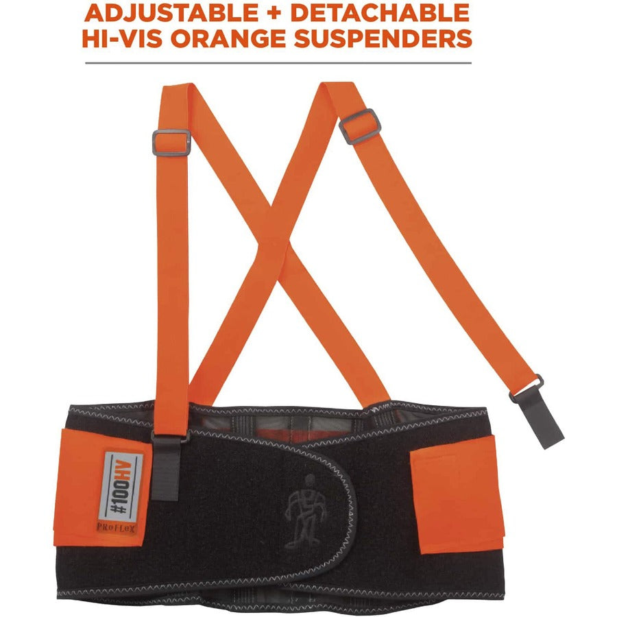 Ergodyne ProFlex 100HV Economy Hi-Vis Back Brace - 25" Waist Size - Orange - Rubber, Polypropylene, Spandex - 1 Each
