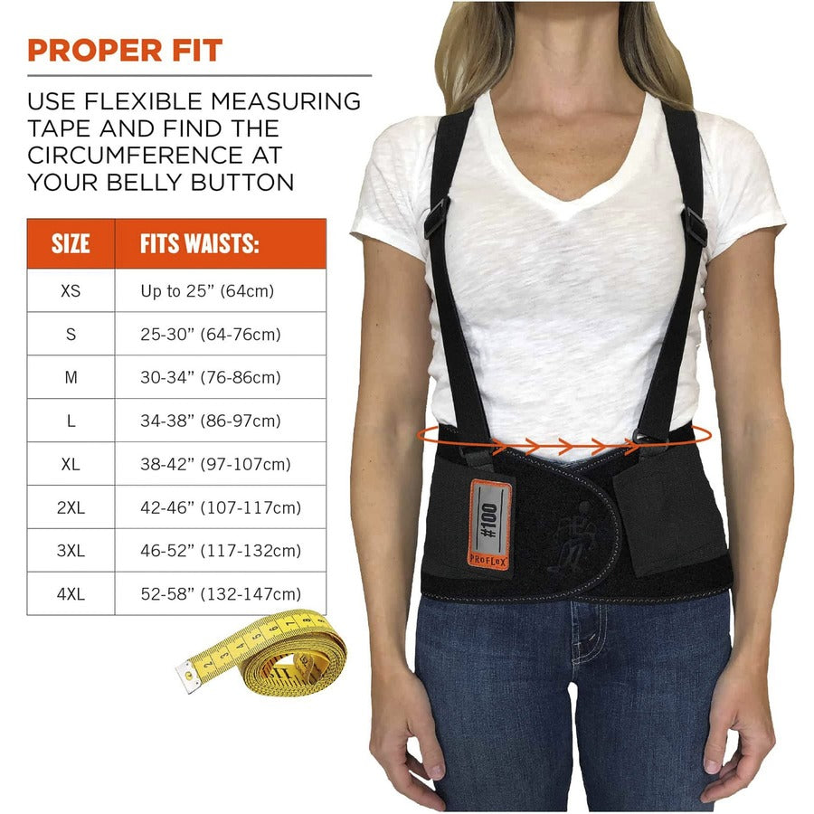 Ergodyne ProFlex 100 Economy Back Support Brace - 34" to 38" Waist Size - Black - 280D Spandex, Rubber, Polypropylene - 1 Each