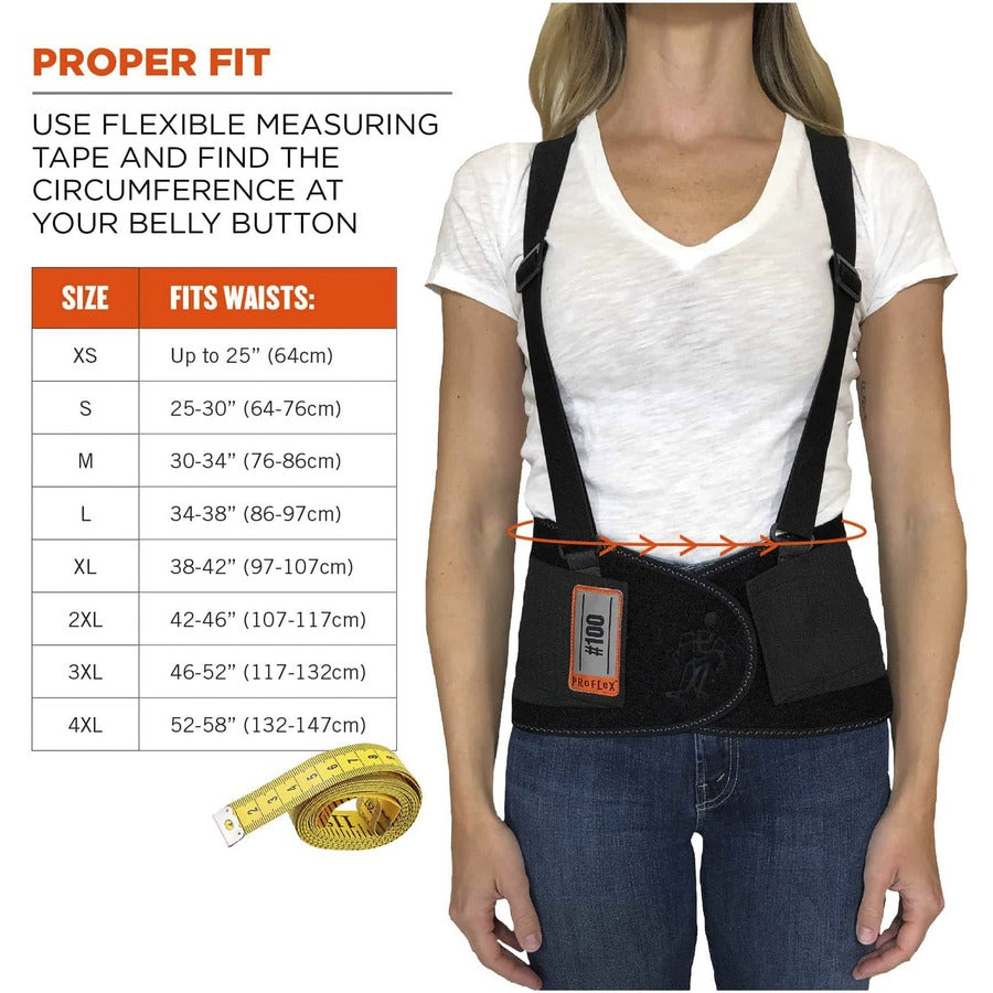 Ergodyne ProFlex 100 Economy Back Support Brace - 38" to 42" Waist Size - Black - 280D Spandex, Rubber, Polypropylene - 1 Each