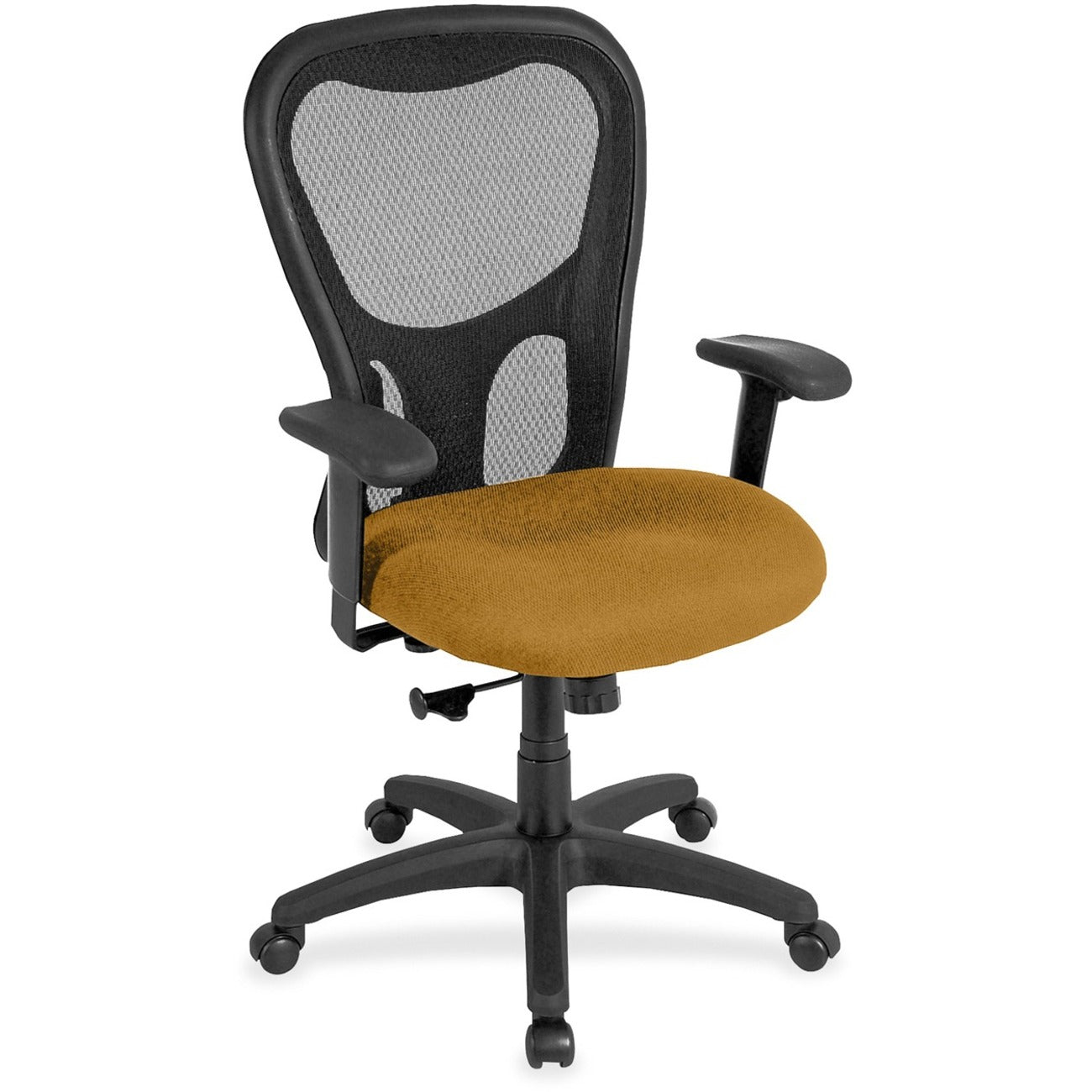 Eurotech Apollo Synchro High Back Chair, Butterscotch Fabric Seat, Black Mesh Back, Adjustable Arms, 5-Star Black Nylon Base, Castillo Metal Accents, 1 Each