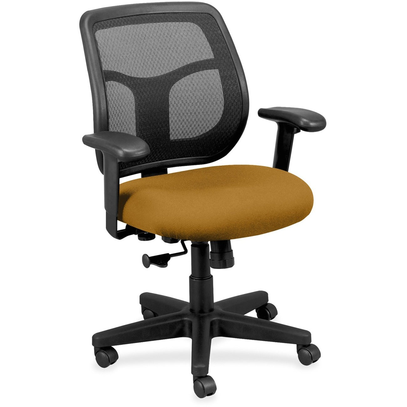 Eurotech Apollo Synchro Mid-Back Chair, Butterscotch Fabric Seat, Black Fabric Mesh Back, Adjustable Arms, 5-Star Base, Castillo Metal, 1 Each