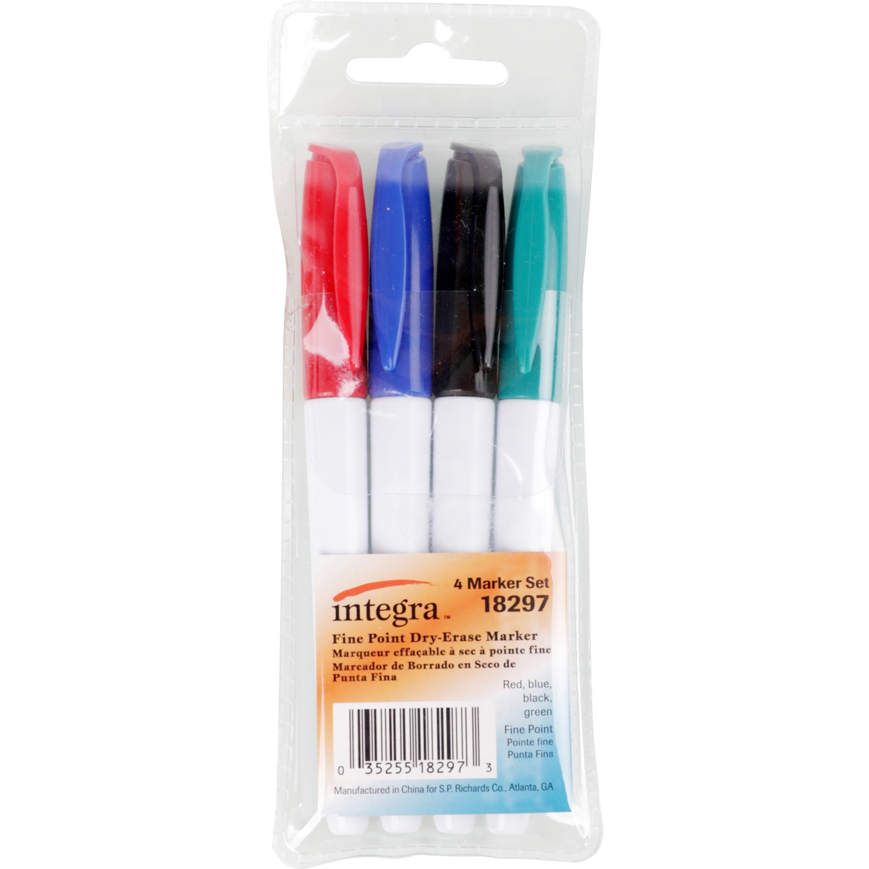 Integra Dry-Erase Markers, Fine Point, Assorted Colors, Alcohol-Based Ink, 4 per Set