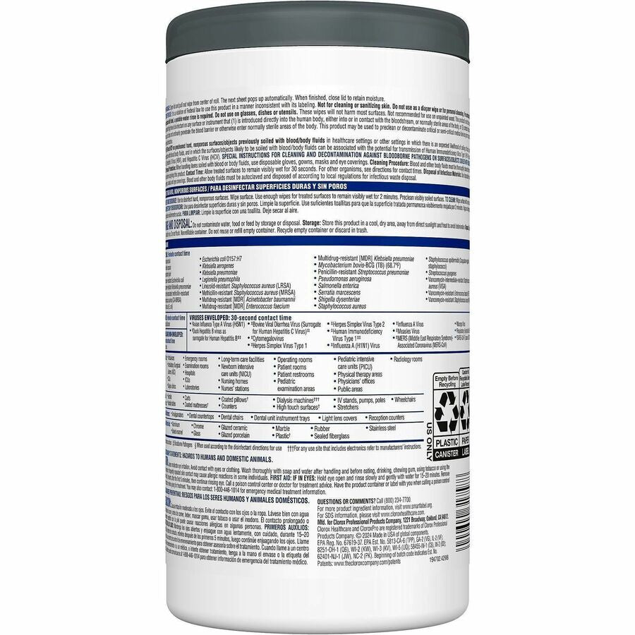 Clorox Healthcare VersaSure Disinfectant Wipes, 5" x 6", Alcohol-Free, Pre-moistened, White, 150 Wipes per Tub, 1 Tub