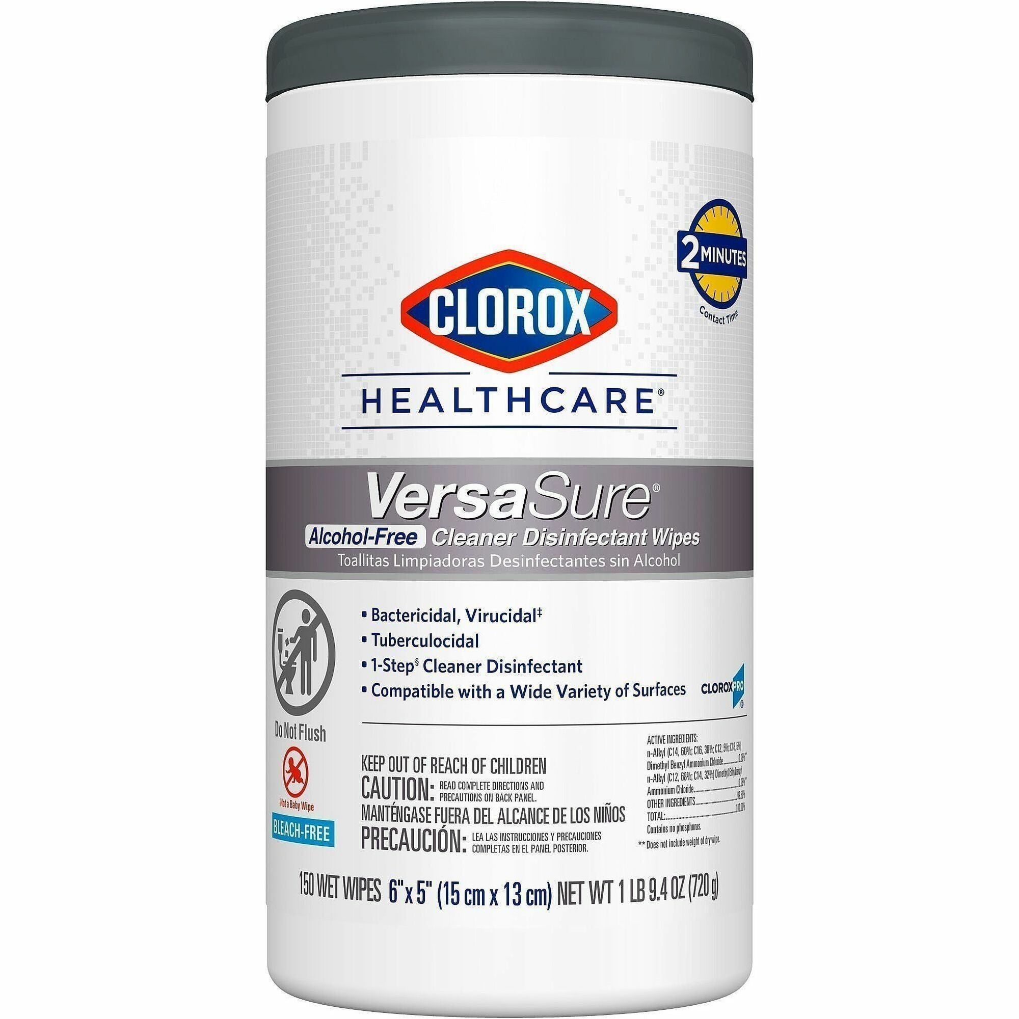 Clorox Healthcare VersaSure Disinfectant Wipes, 5" x 6", Alcohol-Free, Pre-moistened, White, 150 Wipes per Tub, 1 Tub
