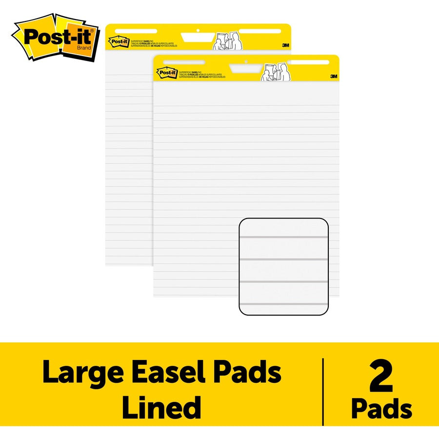 Post-it Super Sticky Easel Pad, Ruled, 25" x 30", 30 Sheets per Pad, 2 Pads per Carton, Self-Stick, Repositionable, Bleed-Resistant, Handle, Sturdy Backcard, Universal Slot, Adhesive Backing
