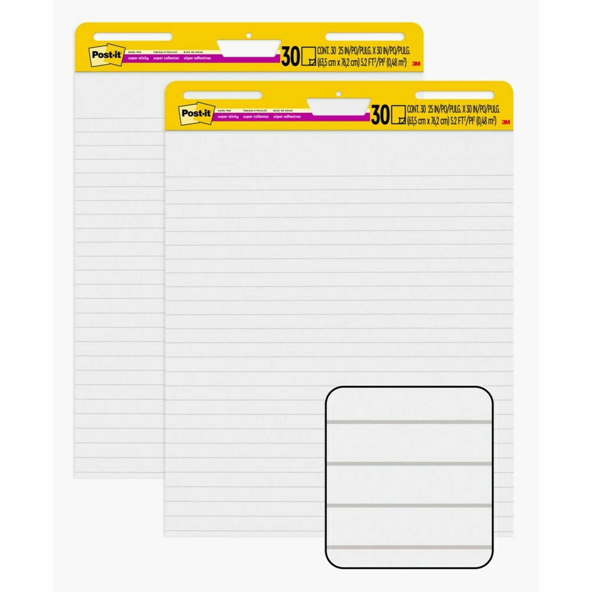 Post-it Super Sticky Easel Pad, Ruled, 25" x 30", 30 Sheets per Pad, 2 Pads per Carton, Self-Stick, Repositionable, Bleed-Resistant, Handle, Sturdy Backcard, Universal Slot, Adhesive Backing