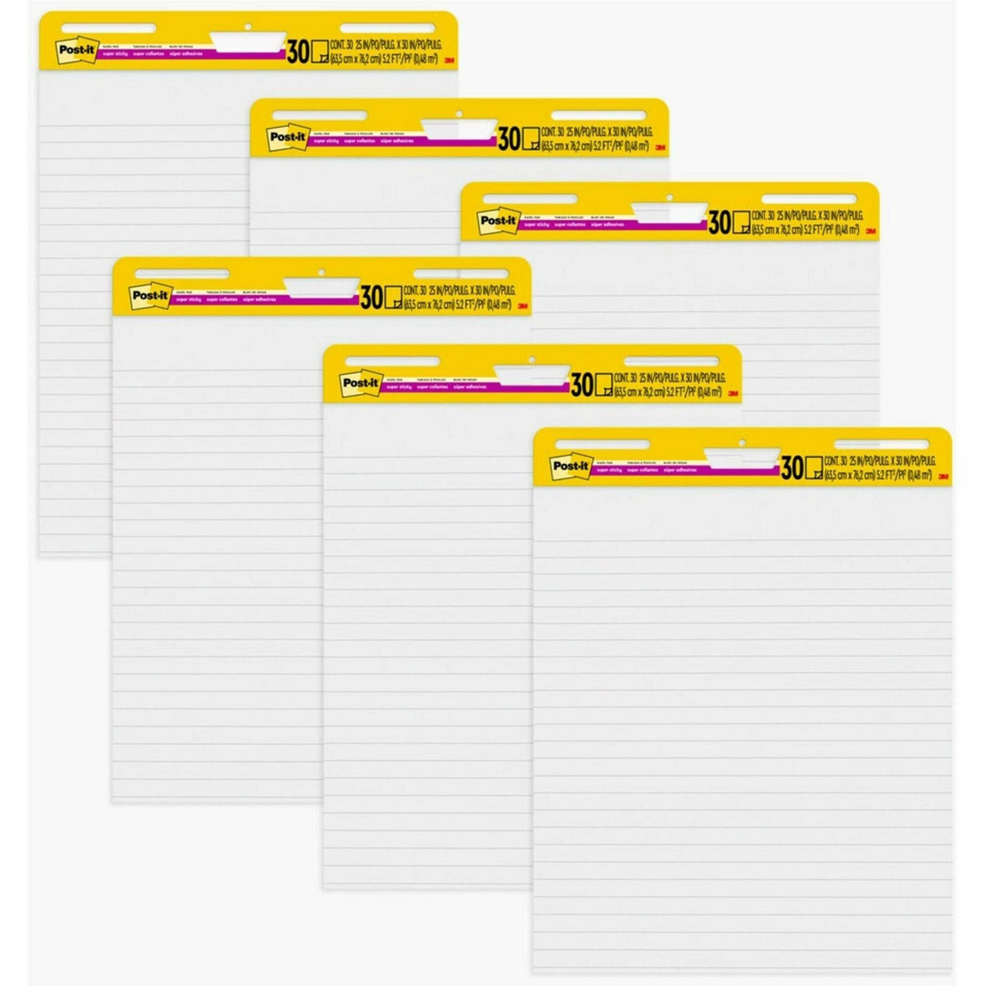 30 Sheets - Ruled Front Ruling x 25" Width x 30" Length - Self-stick, Resist Bleed-through, Handle, Sturdy Backcard, Universal Slot, Repositionable, Adhesive Backing - 6 / Carton