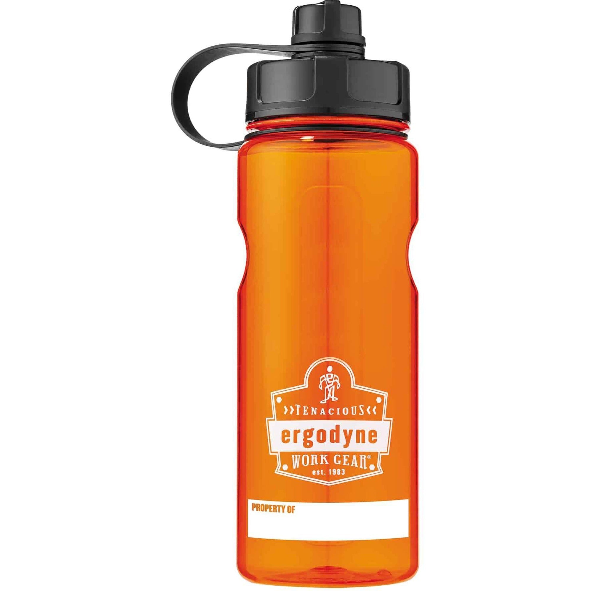 Ergodyne 5151 BPA-Free Water Bottle, 34oz (1000ml), 1 Each, Orange, Plastic Tritan Copolyester, Leak Proof, Impact & Odor Resistant, Dual Cap, Carrying Loop, Dishwasher Safe
