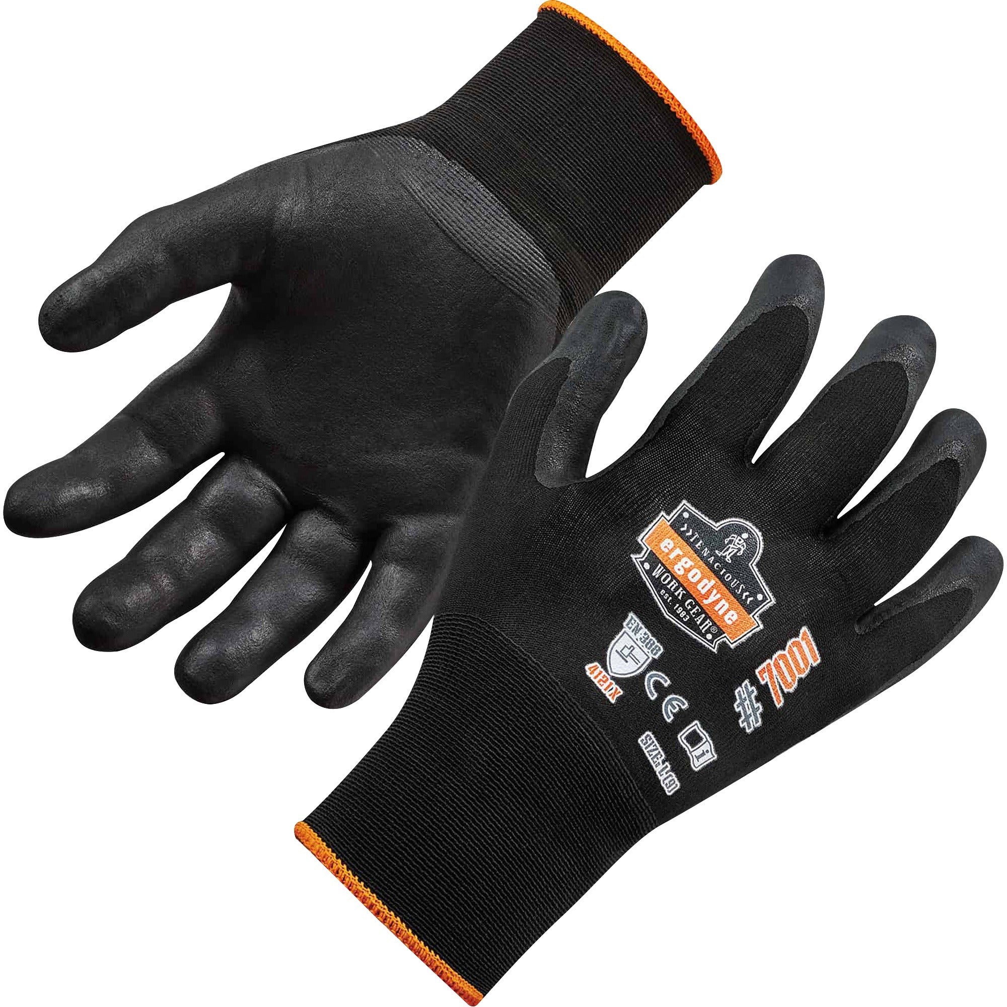 Ergodyne ProFlex 7001 Abrasion-Resistant Nitrile-Coated Gloves, Large, Black, Touchscreen Capable, Seamless, Knit Wrist, 0.75" Thick, 9" Length, 2 Pairs, 12 Bags