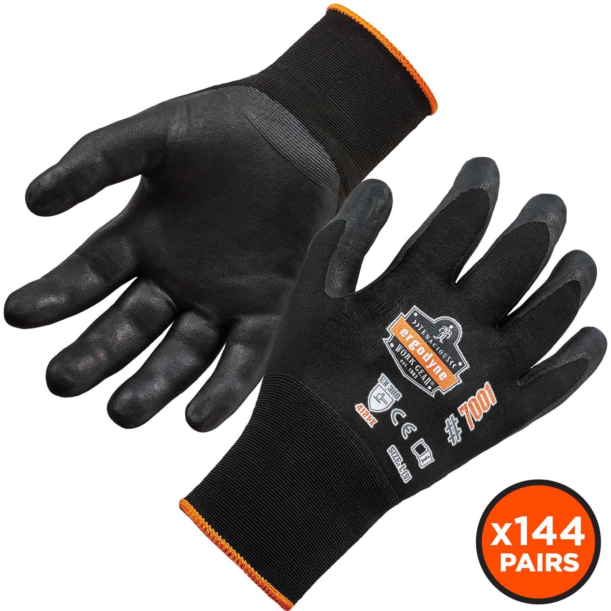 Ergodyne ProFlex 7001 Abrasion-Resistant Nitrile-Coated Gloves, Extra Large, Black, Touchscreen Capable, Seamless Knit Wrist, 0.75" Thick, 9.25" Length, 2/Pair, 144 Pairs/Carton