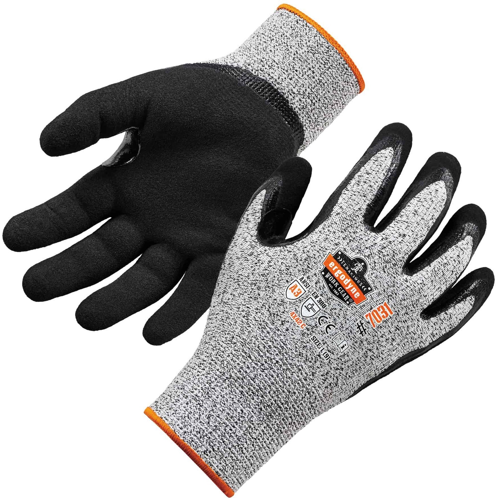 Ergodyne ProFlex 7031 Nitrile-Coated Cut-Resistant Gloves, A3 Level, Extra Large, Gray, 2/Pair, 12 Pairs per Carton, 2" Thickness, 10" Length, Seamless Knit Wrist, Reinforced Thumb, Machine Washable