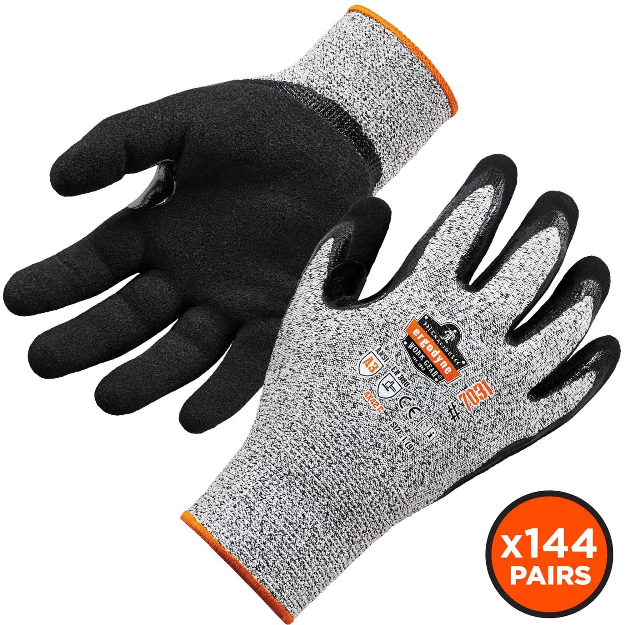 Ergodyne ProFlex 7031 Nitrile-Coated Cut-Resistant Gloves, A3 Level, Extra Large, Gray, 2" Thickness, 10" Length, 2/Pair, 144 Pairs/Carton, Seamless Knit Wrist, Reinforced Thumb, Machine Washable