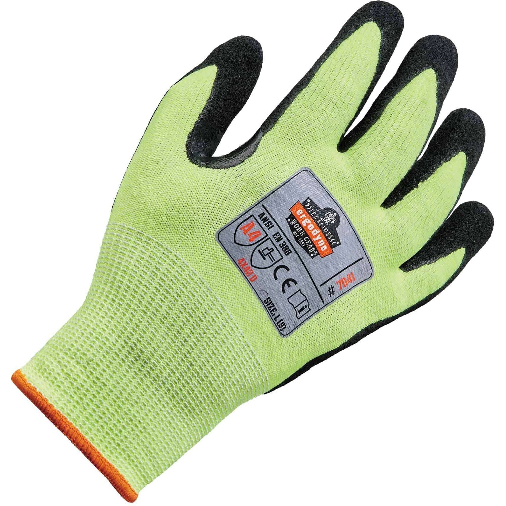 Ergodyne ProFlex 7041 Hi-Vis Nitrile-Coated Level 4 Cut Gloves, Small, Lime, 1.75" Thick, 10" Length, 2 Pairs per Pack, 12 Packs per Carton