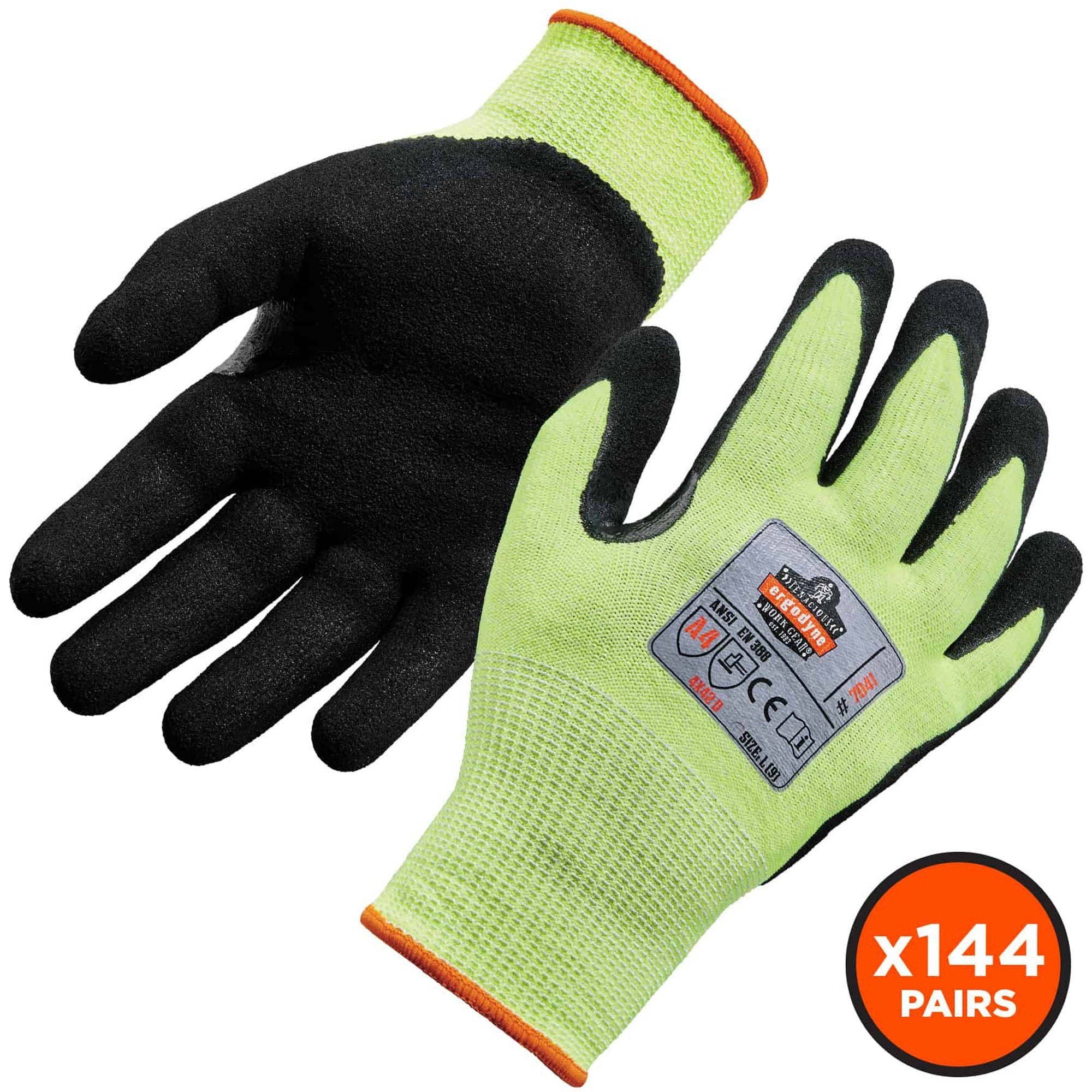 Ergodyne ProFlex 7041 Hi-Vis Nitrile-Coated Level 4 Cut Gloves, Large, Lime, 1.75" Thick, 10" Length, 2/Pair, 144 Pairs/Carton