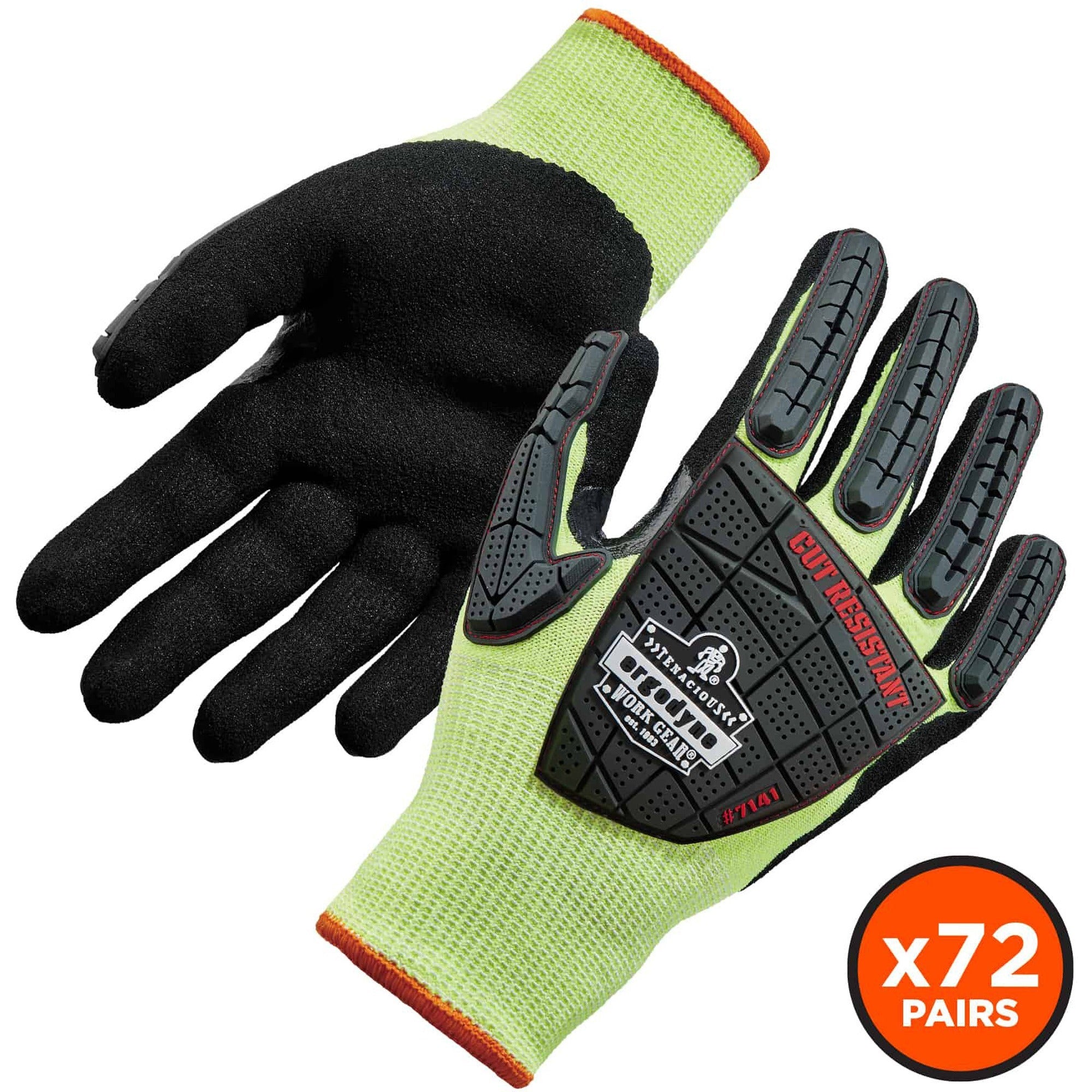 Ergodyne ProFlex 7141 Nitrile-Coated DIR Level 4 Cut-Resistant Gloves, Large, Lime, 1.75" Thick, 10" Length, 2 Pairs per Pack, 72 Packs per Carton