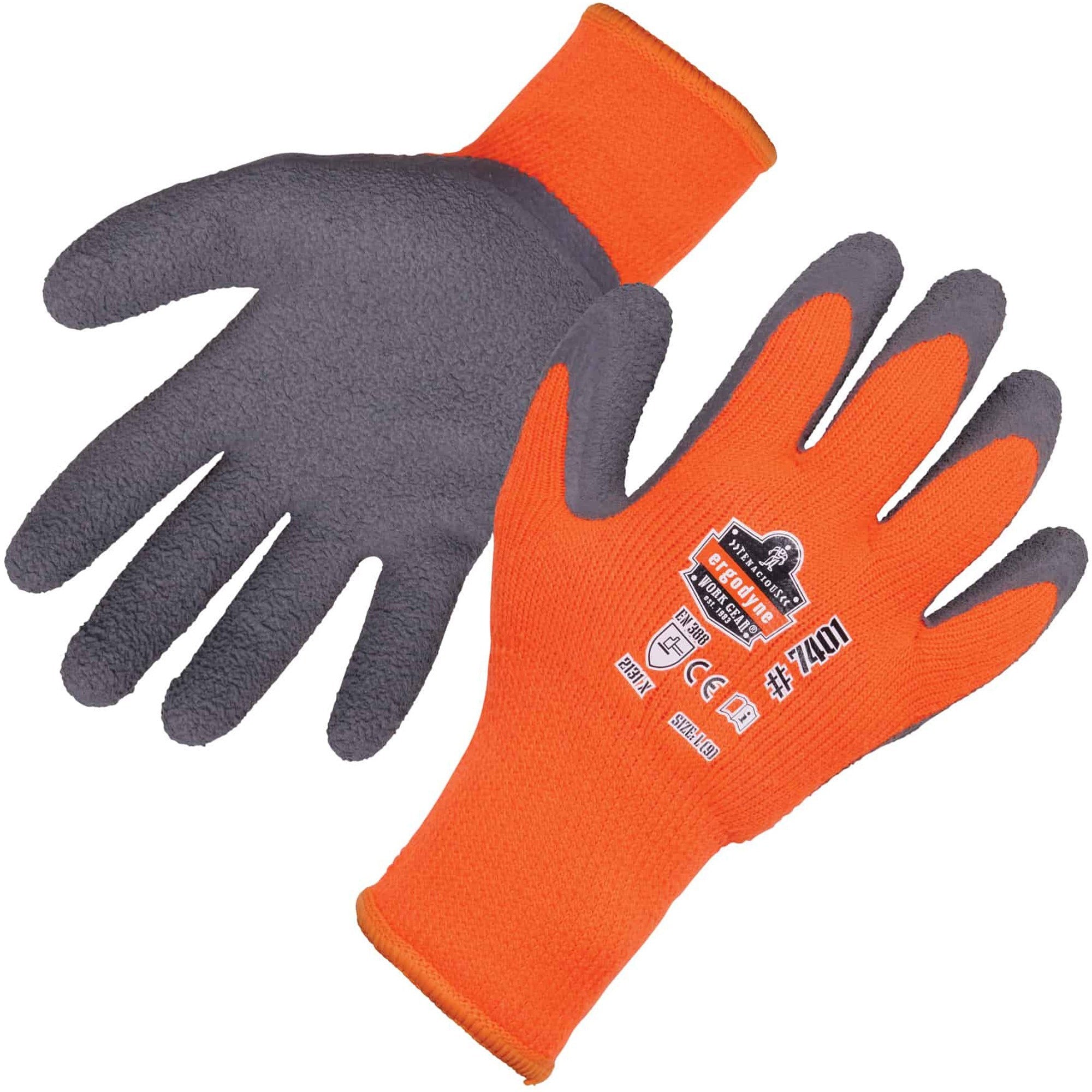 Ergodyne ProFlex 7401 Coated Lightweight Winter Work Gloves, Extra Large, Orange, Latex Coating, Thermal Protection, Cut Resistant, Machine Washable, 2 Gloves/Pair, 12 Pairs/Carton