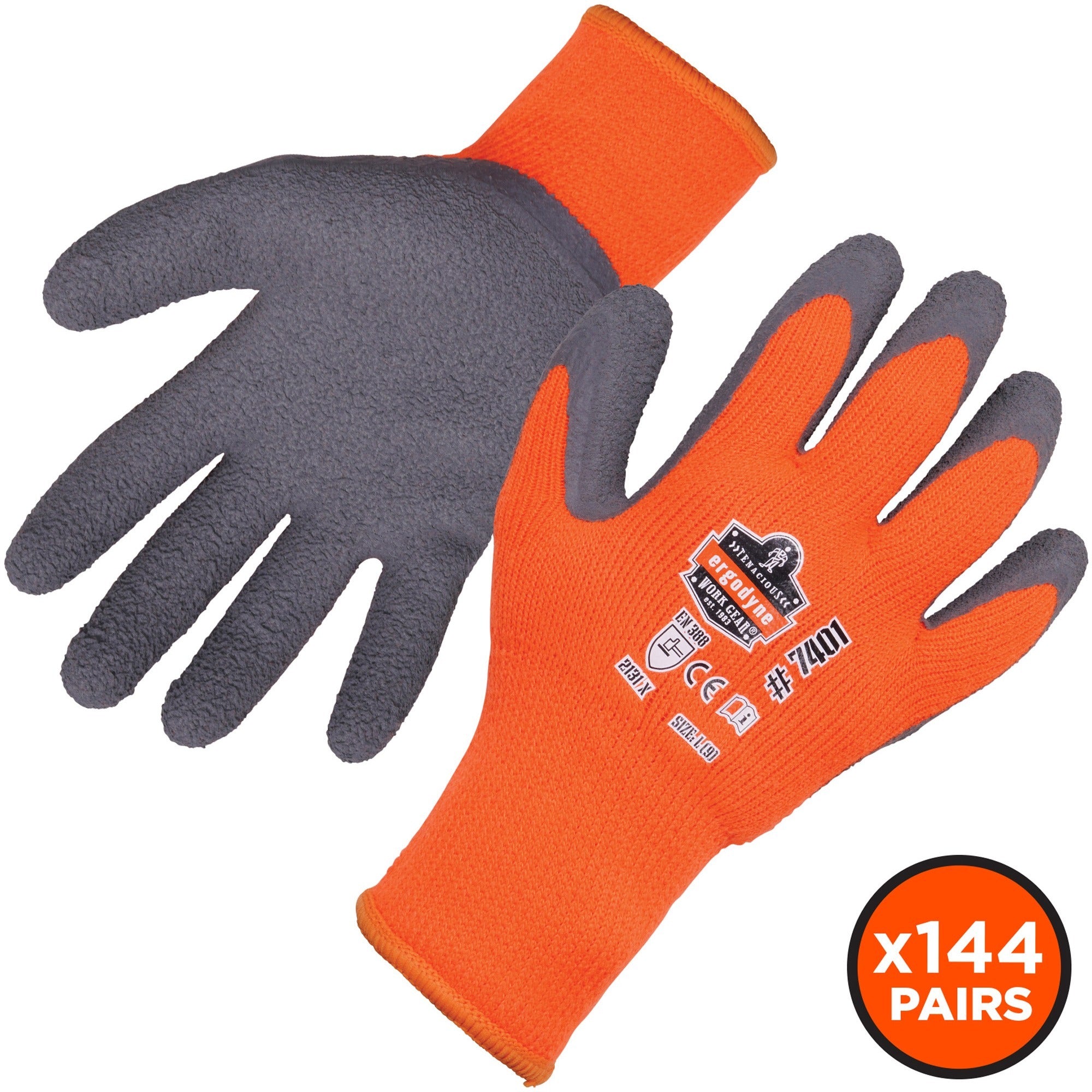 Ergodyne ProFlex 7401 Coated Lightweight Winter Work Gloves, Large, Orange, Latex Coating, Thermal Protection, Cut Resistant, Machine Washable, 2 Pairs per Pack, 144 Pairs per Carton