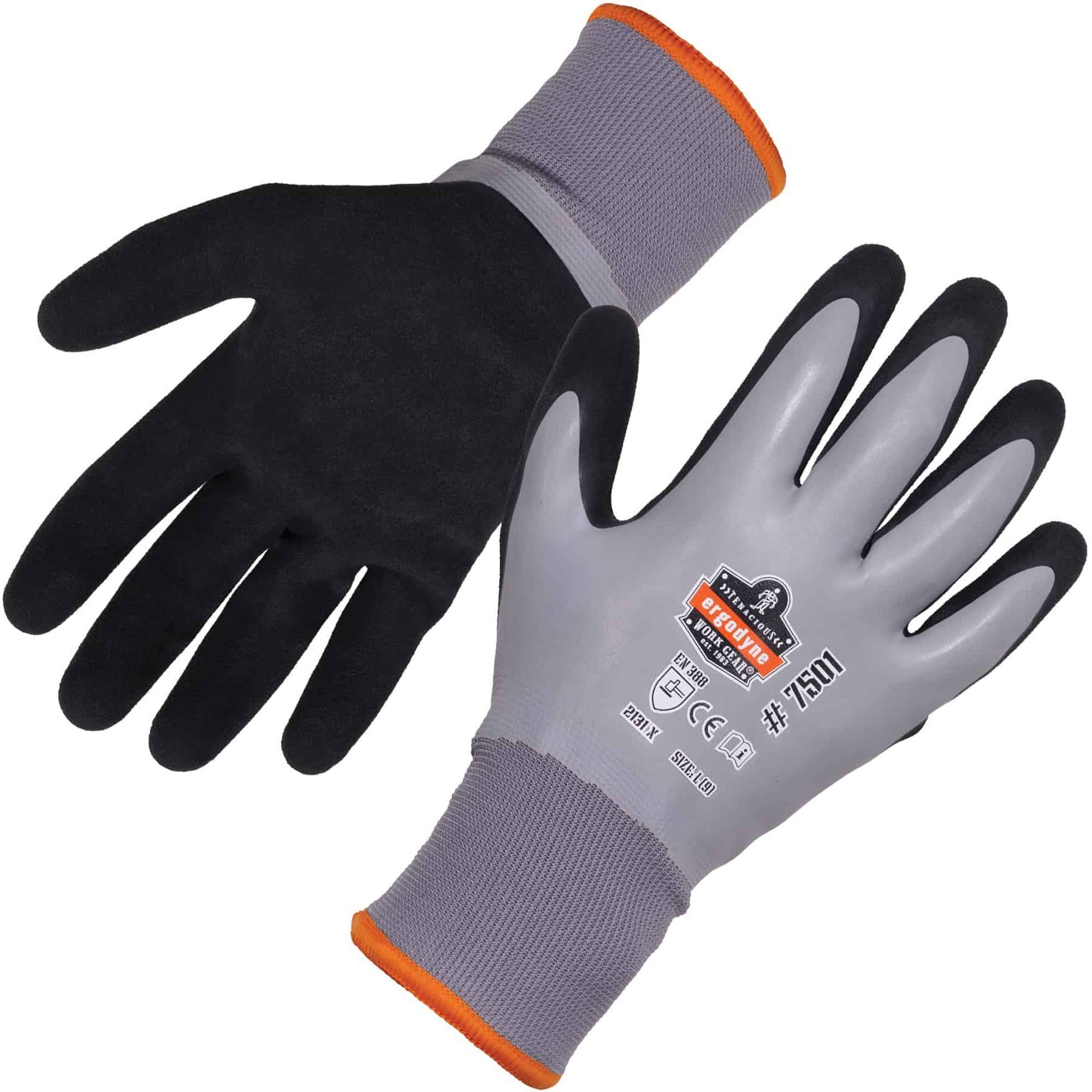 Ergodyne ProFlex 7501 Coated Waterproof Winter Work Gloves, Medium, Gray, Nitrile & Latex Coating, 1.75" Thick, 10" Length, 2 Pairs per Pack, 12 Packs per Carton