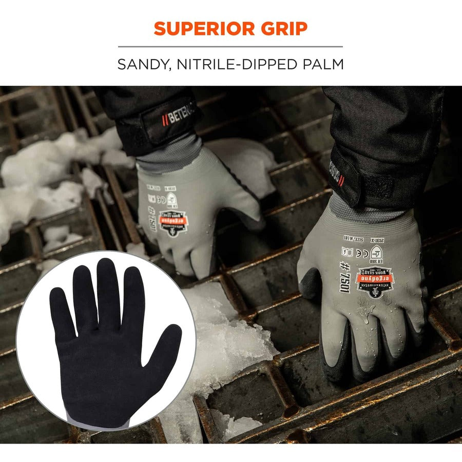 Ergodyne ProFlex 7501 Coated Waterproof Winter Work Gloves, Medium, Gray, Nitrile & Latex Coating, 1.75" Thick, 10" Length, 2 Pairs per Pack, 12 Packs per Carton