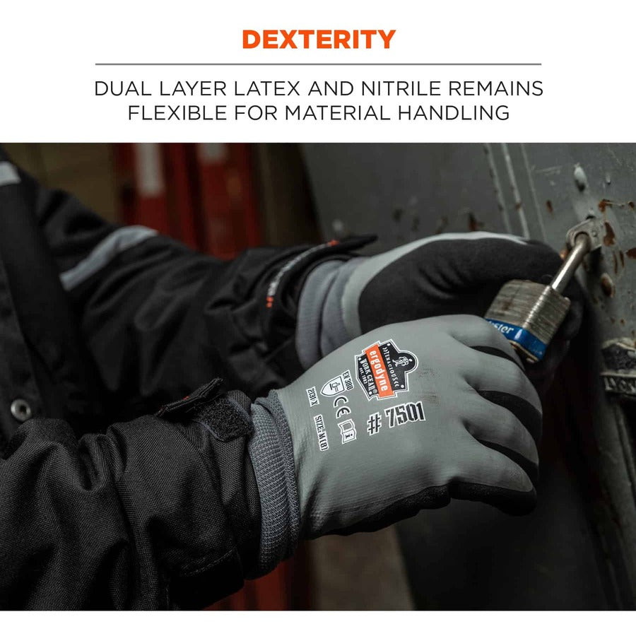 Ergodyne ProFlex 7501 Coated Waterproof Winter Work Gloves, Medium, Gray, Nitrile & Latex Coating, 1.75" Thick, 10" Length, 2 Pairs per Pack, 12 Packs per Carton