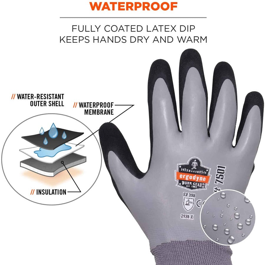Ergodyne ProFlex 7501 Coated Waterproof Winter Work Gloves, Medium, Gray, Nitrile & Latex Coating, 1.75" Thick, 10" Length, 2 Pairs per Pack, 12 Packs per Carton