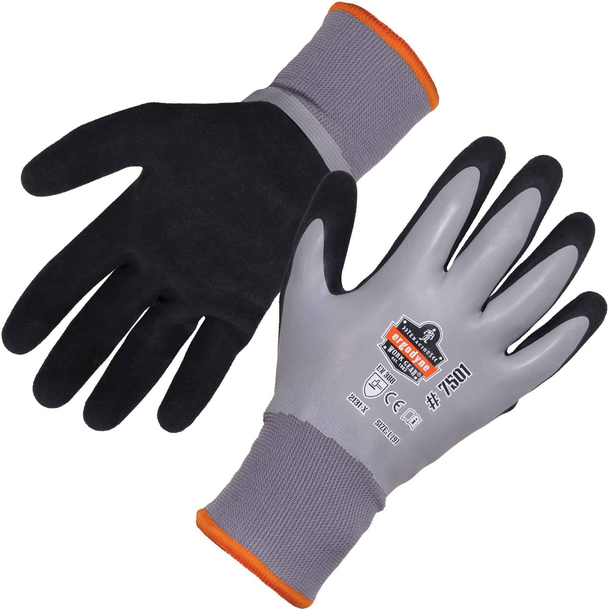 Ergodyne ProFlex 7501 Coated Waterproof Winter Work Gloves, Large, Gray, Nitrile & Latex Coating, 1.75" Thick, 10.50" Length, 2 Pairs per Pack, 12 Packs per Carton