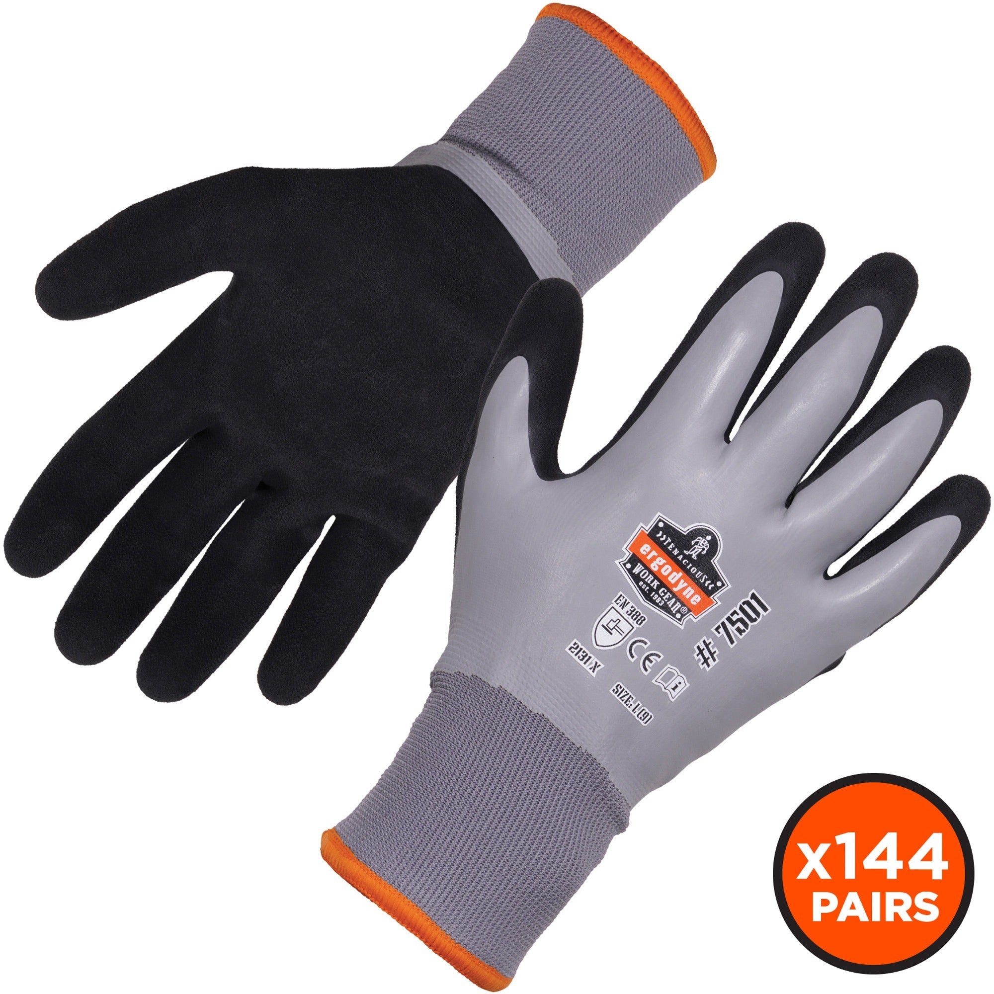 Ergodyne ProFlex 7501 Coated Waterproof Winter Work Gloves, Medium, Gray, Nitrile & Latex Coating, 1.75" Thick, 10" Length, 2/Pair, 144 Pairs/Carton
