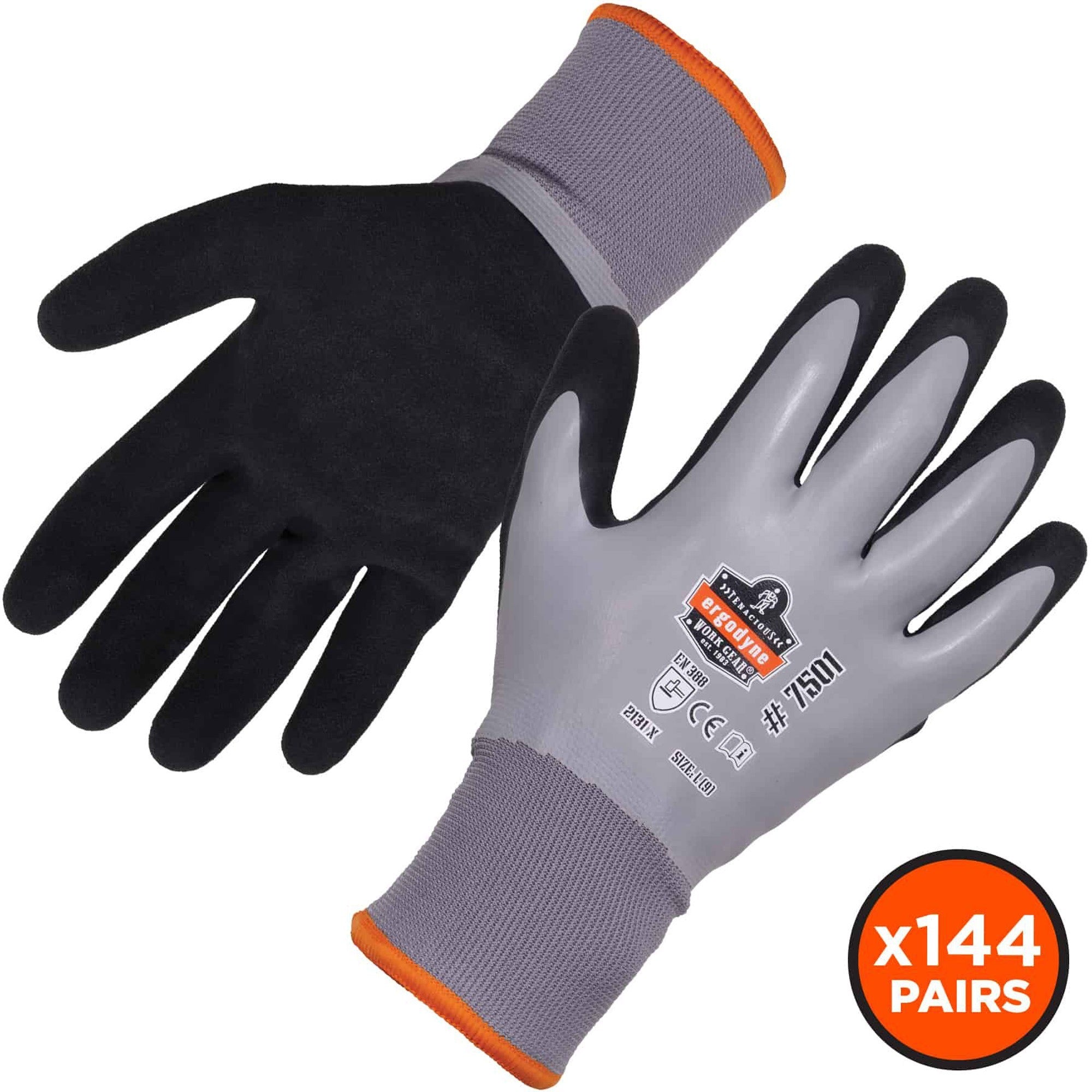 Ergodyne ProFlex 7501 Coated Waterproof Winter Work Gloves, XXL, Gray, Nitrile & Latex Coating, Thermal Protection, Cut & Abrasion Resistant, Superior Grip, Machine Washable, 2/Pair, 144 Pairs/Carton