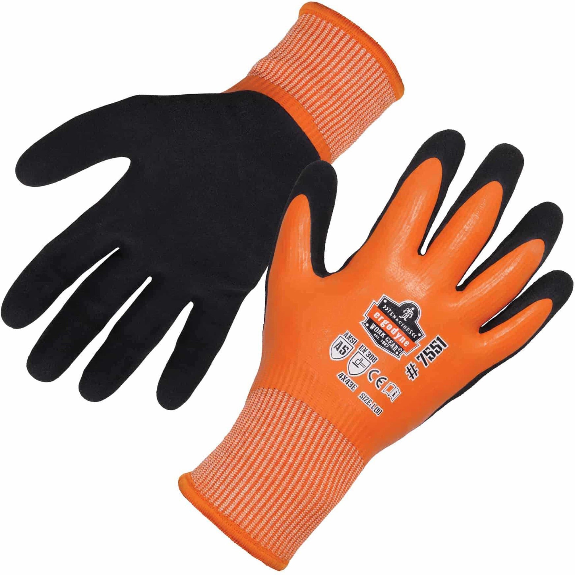 Ergodyne ProFlex 7551 A5 Coated Waterproof Gloves, Large, Orange, Nitrile & Latex Coating, Cut/Water/Cold/Puncture/Abrasion/Slash Resistant, Superior Grip, Machine Washable, 2 Pairs, 12 Carton