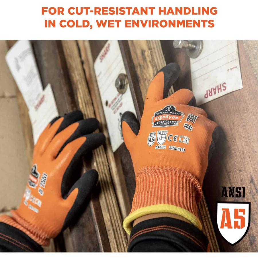 Ergodyne ProFlex 7551 A5 Coated Waterproof Gloves, Extra Large, Orange, Nitrile & Latex Coating, 2" Thick, 11" Length, 2 Pairs, 12 Carton