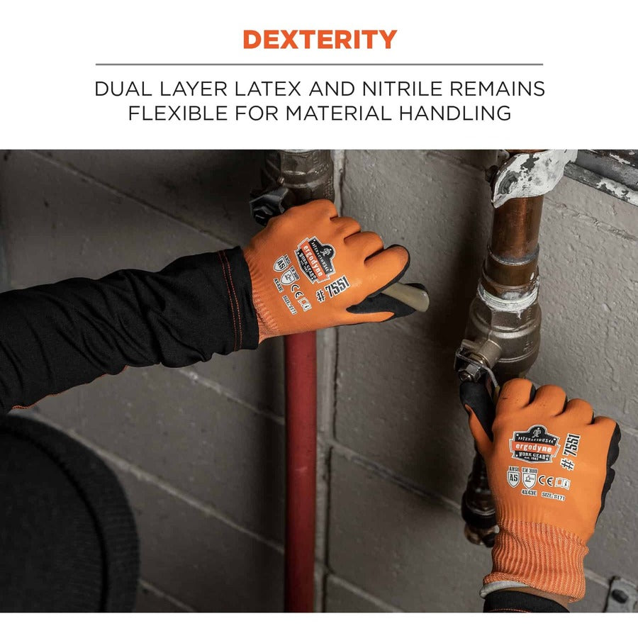 Ergodyne ProFlex 7551 A5 Coated Waterproof Gloves, Extra Large, Orange, Nitrile & Latex Coating, 2" Thick, 11" Length, 2 Pairs, 12 Carton