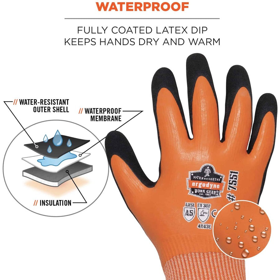 Ergodyne ProFlex 7551 A5 Coated Waterproof Gloves, Extra Large, Orange, Nitrile & Latex Coating, 2" Thick, 11" Length, 2 Pairs, 12 Carton