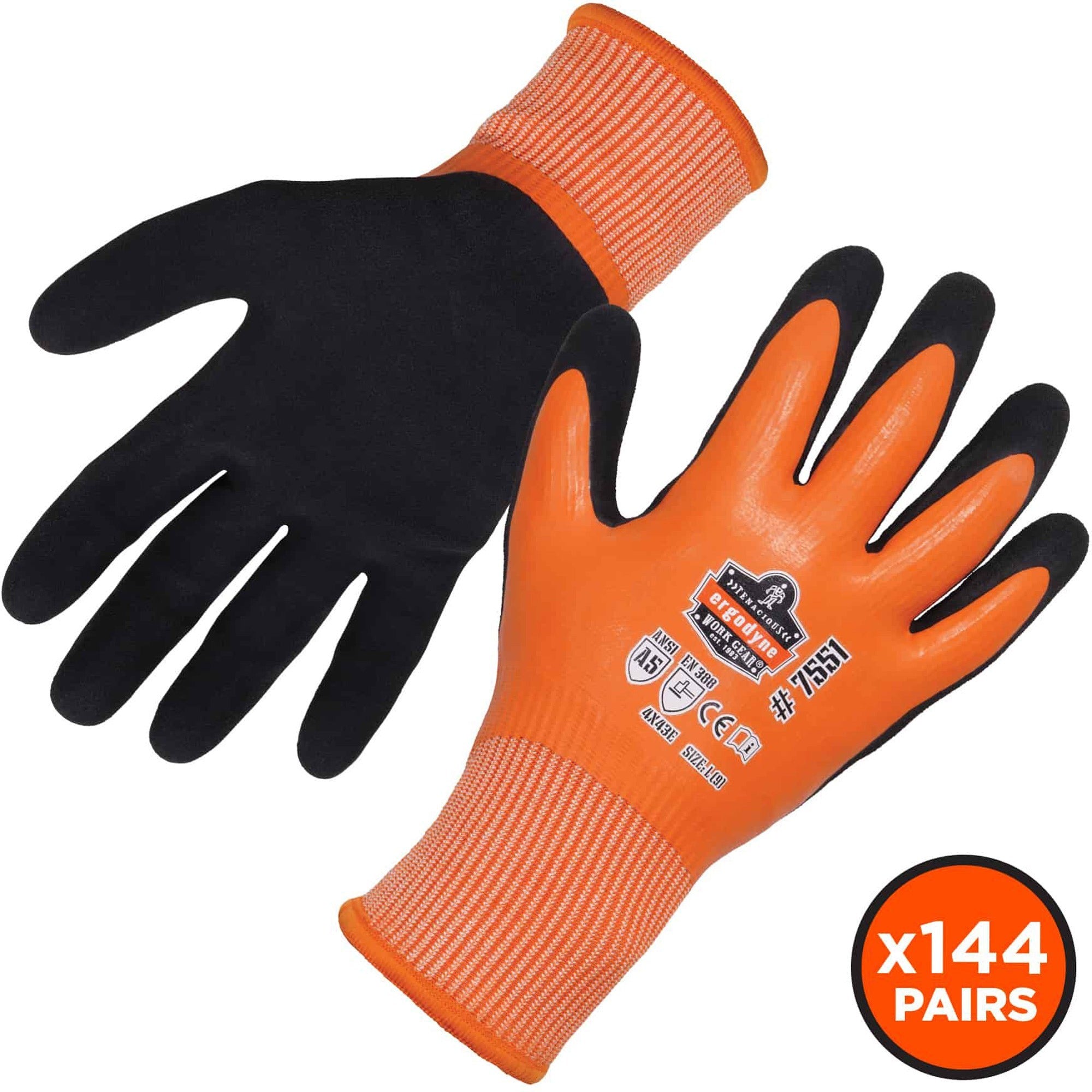 Ergodyne ProFlex 7551 A5 Coated Waterproof Gloves, Extra Large, Orange, Nitrile & Latex Coating, 2" Thick, 11" Length, 2/Pair, 144 Pairs per Carton