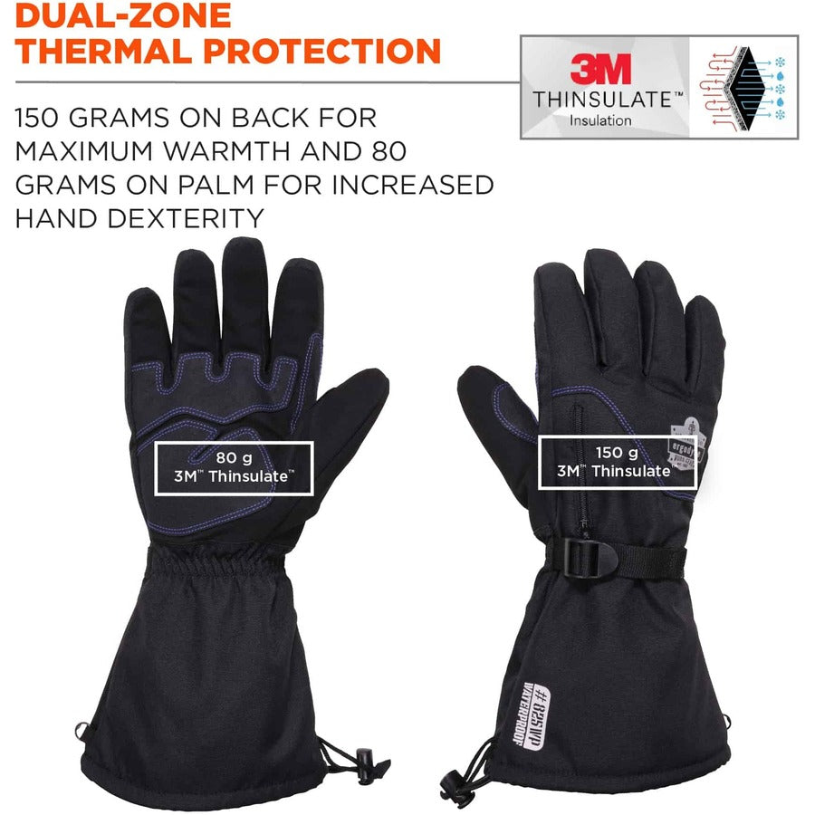 Ergodyne ProFlex 825WP Thermal Waterproof Winter Work Gloves, Large, Black, 3" Thickness, 13.75" Length, Touchscreen Capable, Dual Layer, Reinforced Fingertip, Reflective Accent, Machine Washable, 2 Pairs