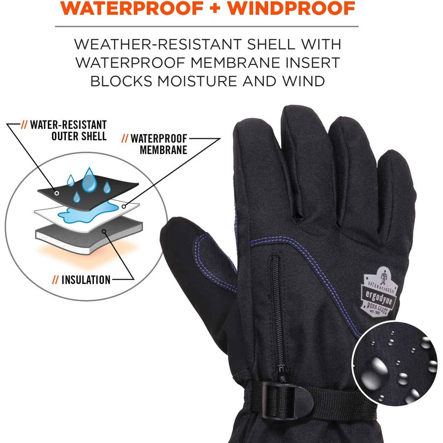 Ergodyne ProFlex 825WP Thermal Waterproof Winter Work Gloves, Large, Black, 3" Thickness, 13.75" Length, Touchscreen Capable, Dual Layer, Reinforced Fingertip, Reflective Accent, Machine Washable, 2 Pairs