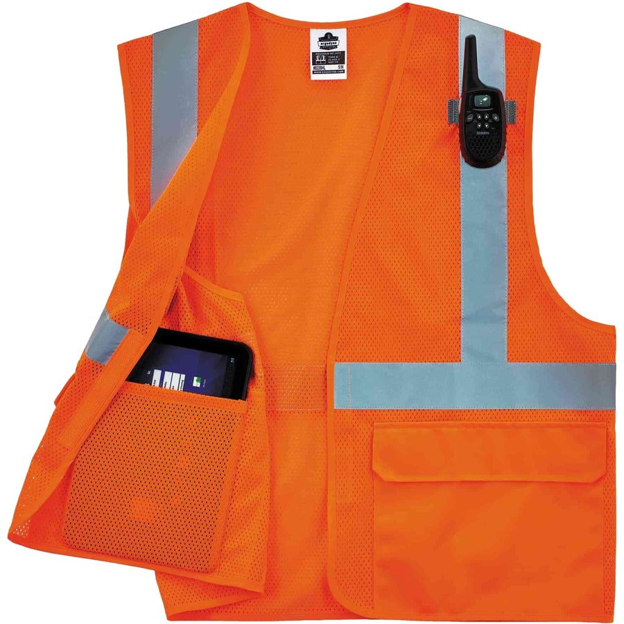 Ergodyne 8220HL Type R Class 2 Standard Mesh Vest, Small/Medium, Hook & Loop Closure, Orange, Mesh Fabric, Polyester Mesh, Pocket, Mic Tab, Reflective, 1 Each