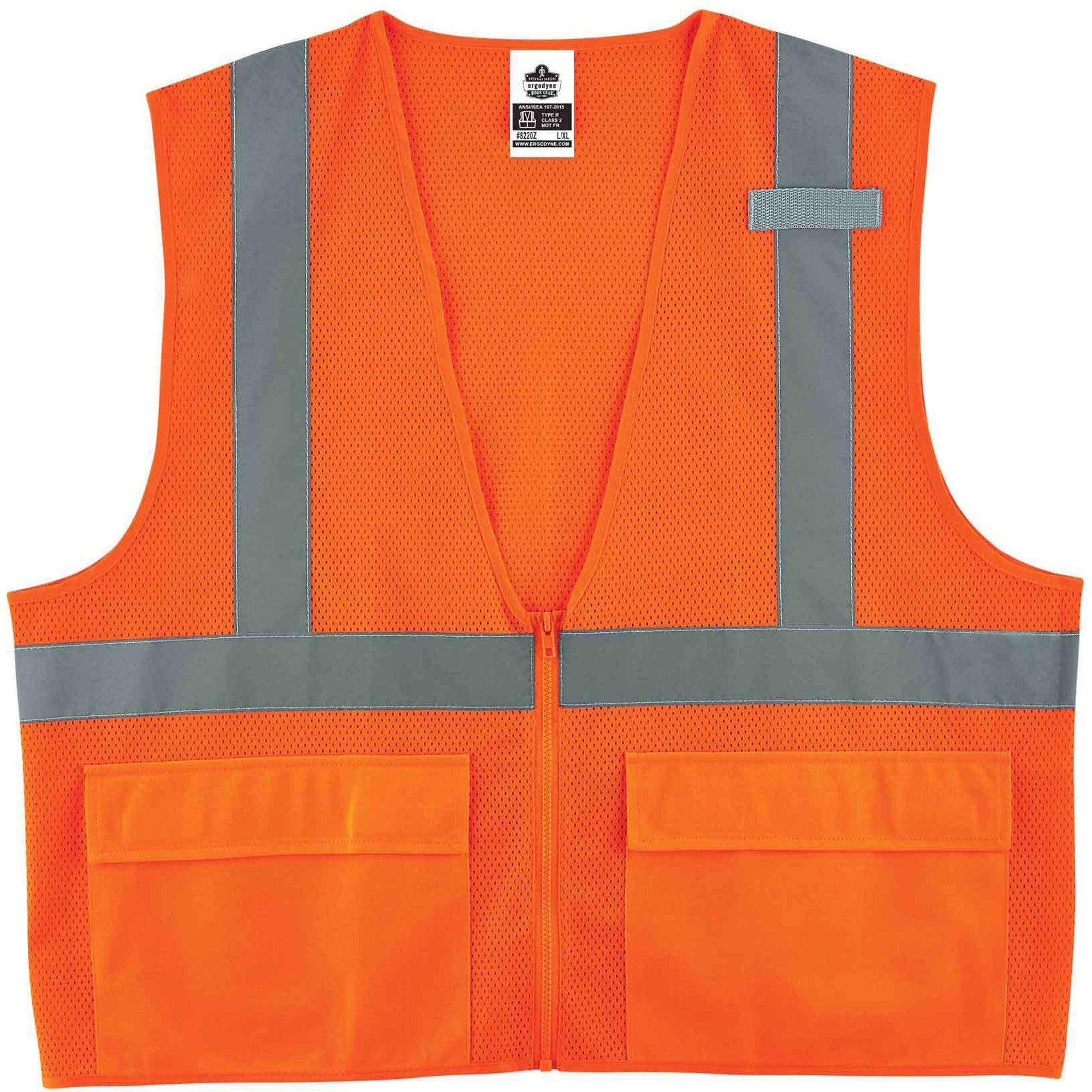 Ergodyne 8220Z Type R Class 2 Standard Mesh Vest, 4XL/5XL, Zipper Closure, Orange, Mesh Polyester, Pocket, Mic Tab, Reflective, 1 Each
