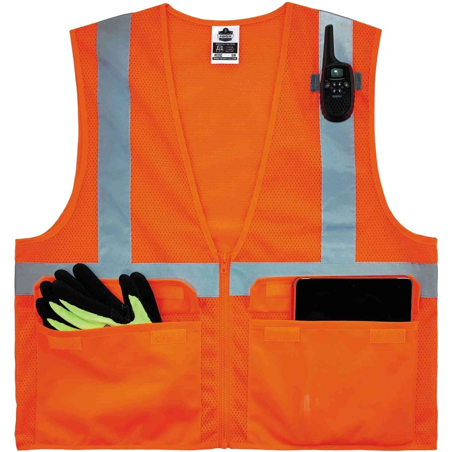 Ergodyne 8220Z Type R Class 2 Standard Mesh Vest, 4XL/5XL, Zipper Closure, Orange, Mesh Polyester, Pocket, Mic Tab, Reflective, 1 Each