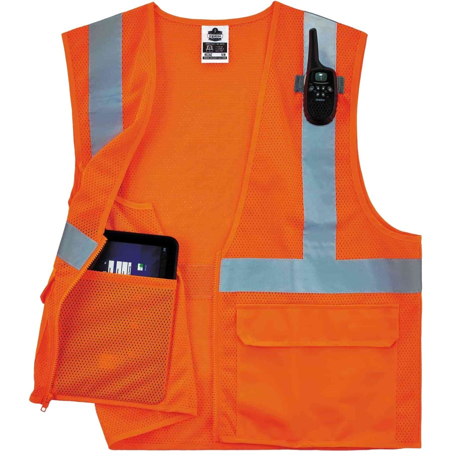 Ergodyne 8220Z Type R Class 2 Standard Mesh Vest, 4XL/5XL, Zipper Closure, Orange, Mesh Polyester, Pocket, Mic Tab, Reflective, 1 Each