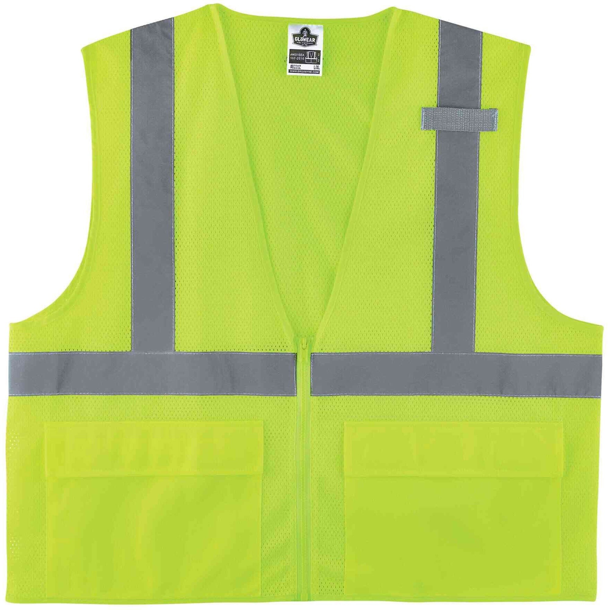 Ergodyne 8220Z Type R Class 2 Standard Mesh Vest, 4XL/5XL, Zipper Closure, Lime, Mesh Polyester, Pocket, Mic Tab, Reflective, 1 Each
