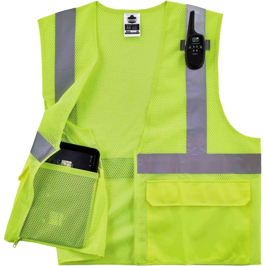 Ergodyne 8220Z Type R Class 2 Standard Mesh Vest, 4XL/5XL, Zipper Closure, Lime, Mesh Polyester, Pocket, Mic Tab, Reflective, 1 Each