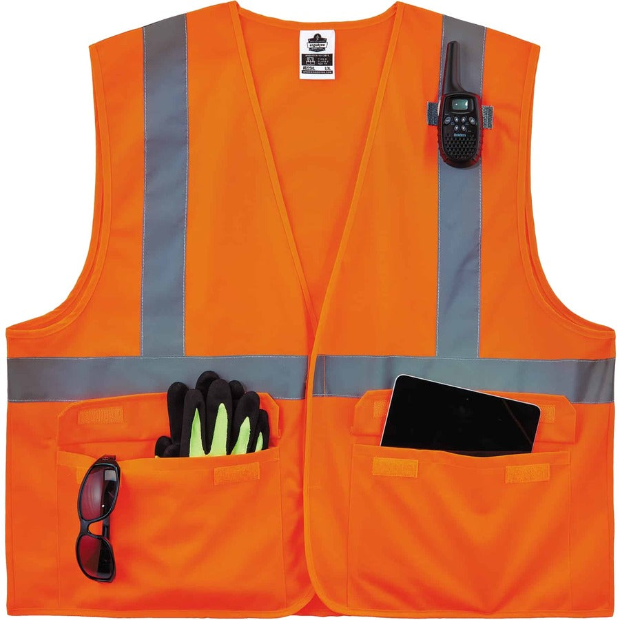 Ergodyne 8225HL Type R Class 2 Standard Solid Vest, Small/Medium, Hook & Loop Closure, Polyester, Orange, Pocket, Mic Tab, Reflective, 1 Each
