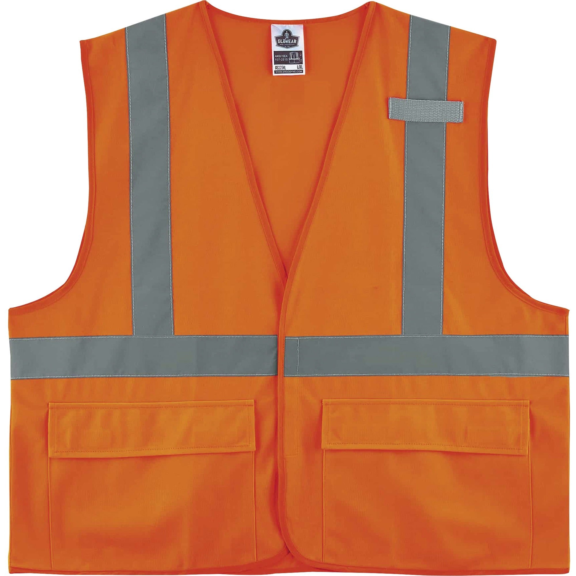Ergodyne 8225HL Type R Class 2 Standard Solid Vest, 4XL/5XL, Hook & Loop Closure, Polyester, Orange, Pocket, Mic Tab, Reflective, 1 Each