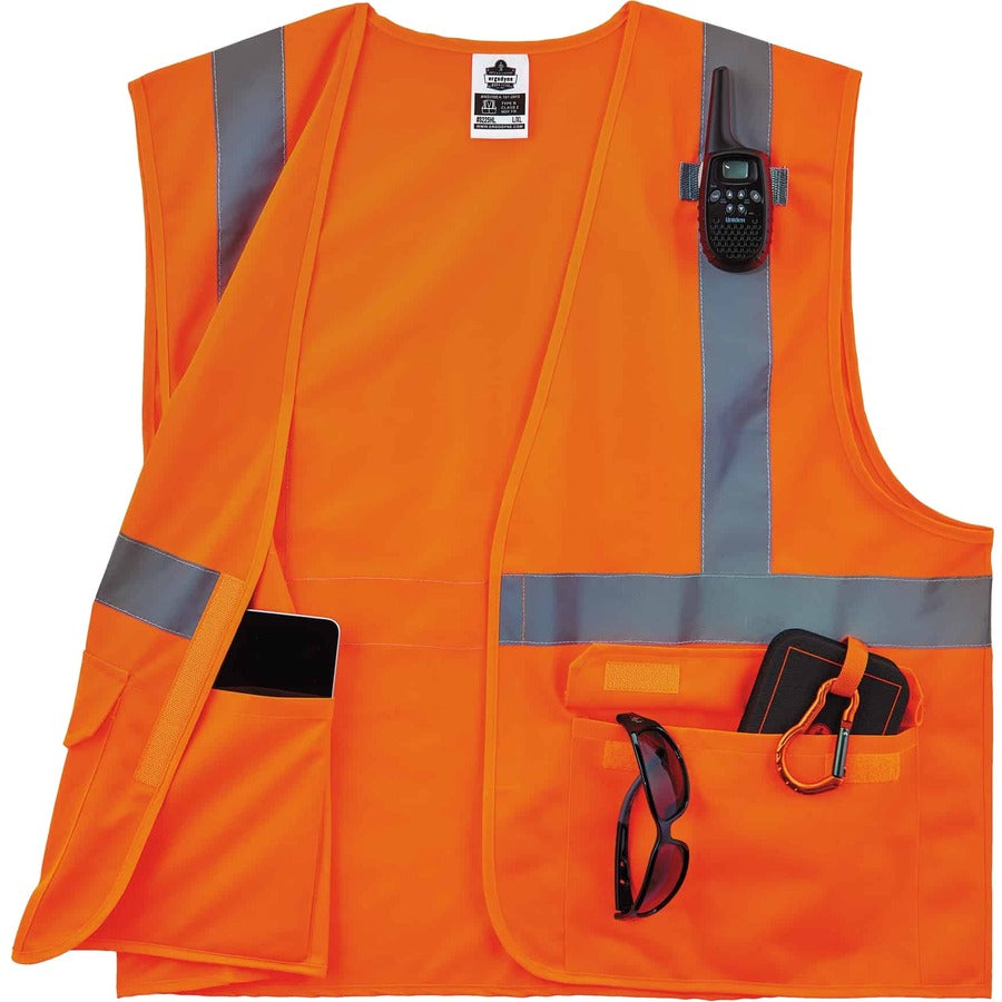 Ergodyne 8225HL Type R Class 2 Standard Solid Vest, 4XL/5XL, Hook & Loop Closure, Polyester, Orange, Pocket, Mic Tab, Reflective, 1 Each