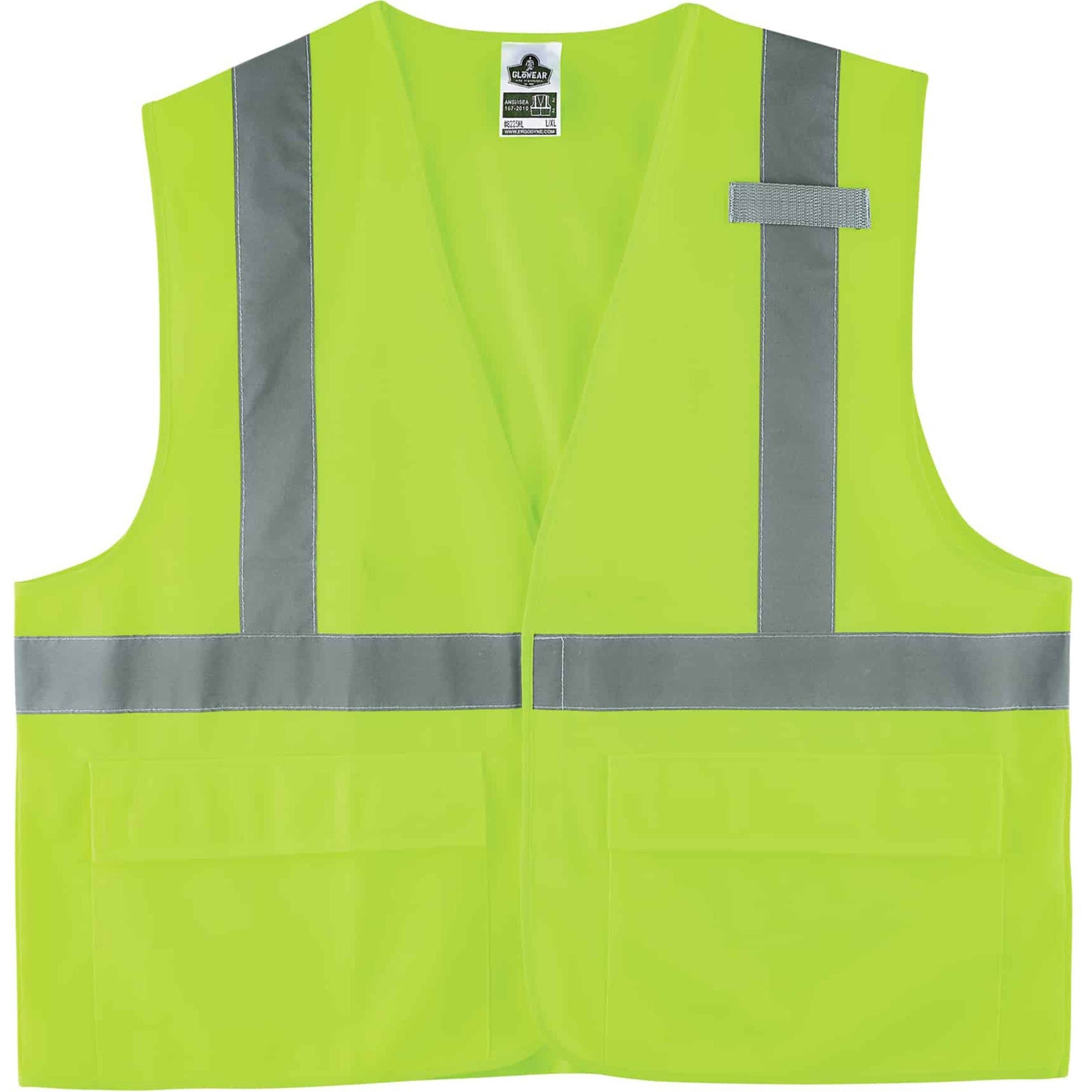 Ergodyne 8225HL Type R Class 2 Solid Vest, Large/Extra Large, Hook & Loop Closure, Polyester, Lime, Pocket, Mic Tab, Reflective, 1 Each