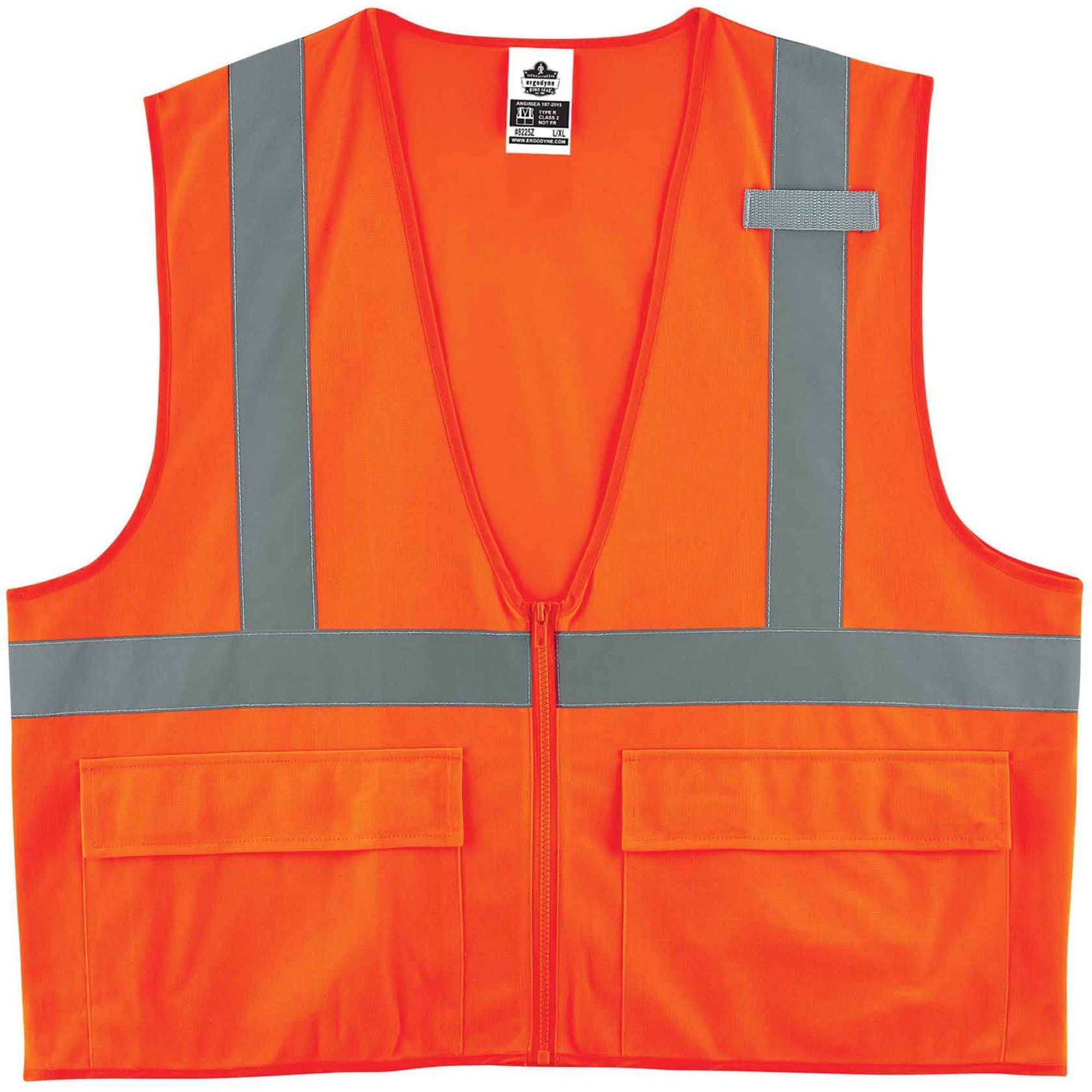 Ergodyne 8225Z Type R Class 2 Standard Solid Vest, Large/Extra Large, Zipper Closure, Polyester, Orange, Reflective, Pocket, Mic Tab, 1 Each